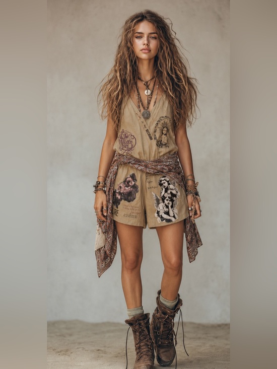 Hand Crafted Pants - Hand Crafted Tan Graphic V-Neck Romper